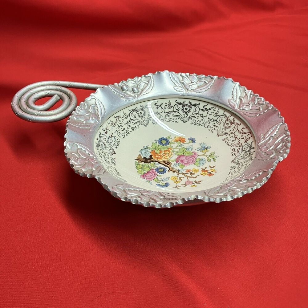 Farber & Shlevin Floral Aluminum Ceramic Dish /Handled Candy Bowl Brooklyn NY 52